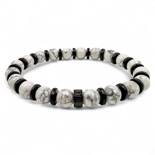Pulse white howlite and blackwood beaded bracelet, front view