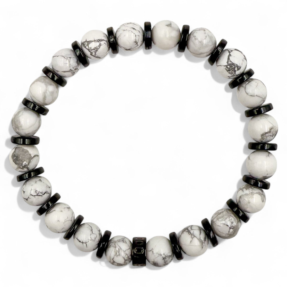 Pulse white howlite and blackwood beaded bracelet, overhead view