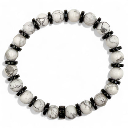 Pulse white howlite and blackwood beaded bracelet, overhead view