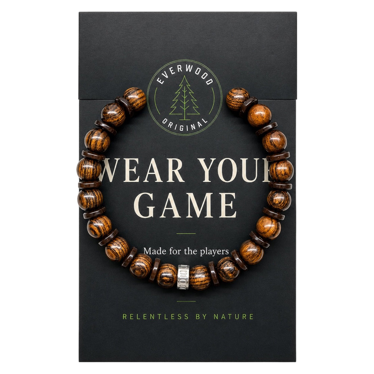 Timberline tigerskin bocote beaded bracelet, with its packaging