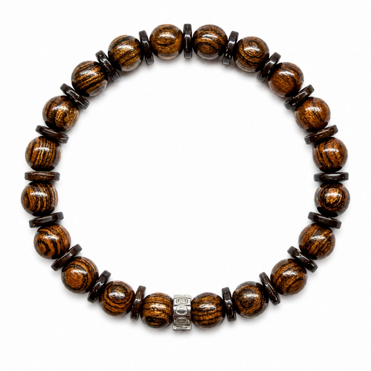 Timberline tigerskin bocote beaded bracelet, overhead view