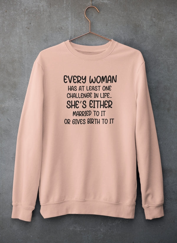 Heather Prism Peach crewneck on a copper hanger, four-line joke printed in black.