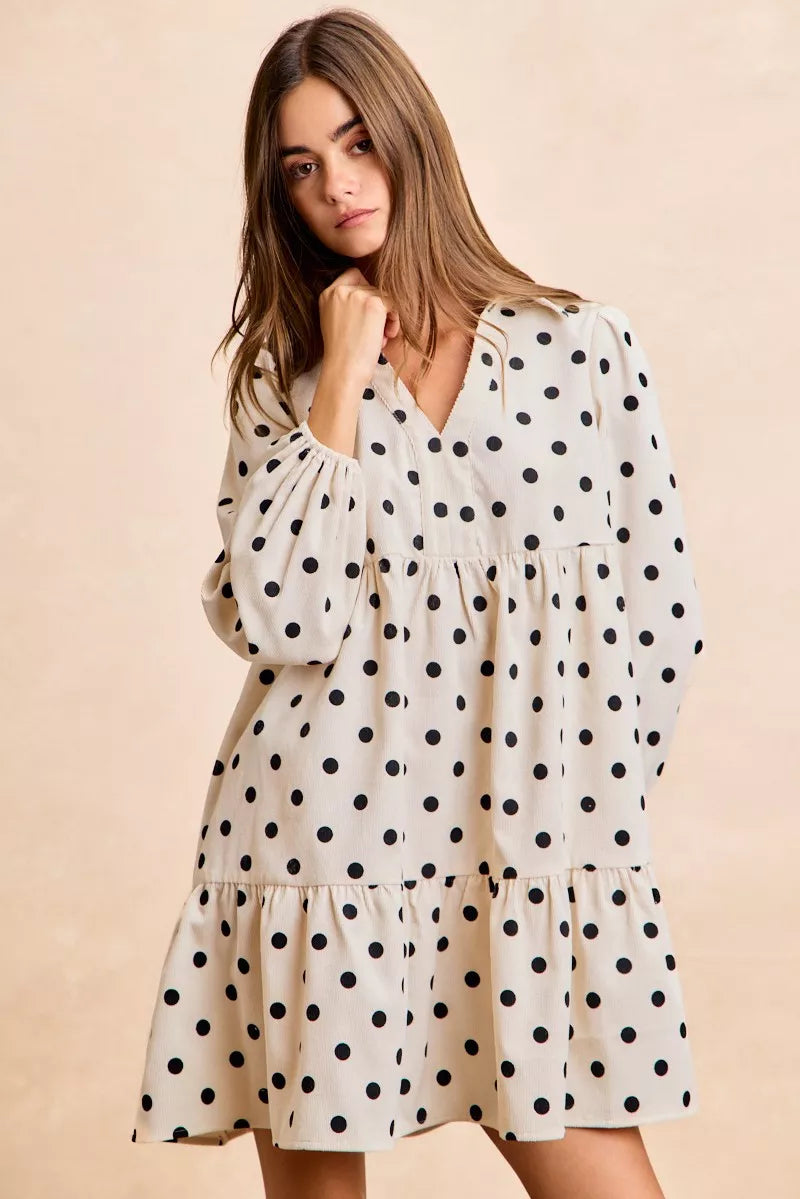 BiBi Polka Dot Corduroy Collared V Neck Dress-3