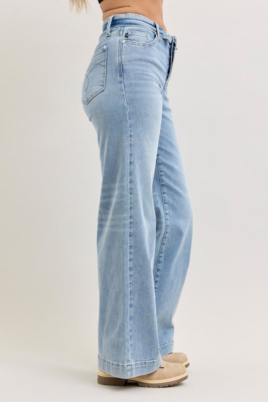 Judy Blue Mid Rise Retro Wide Leg Jeans with Fold-over Waistband-1