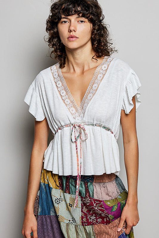 POL Tied Ruffled V-Neck Short Sleeve Blouse with Lace Detail-0