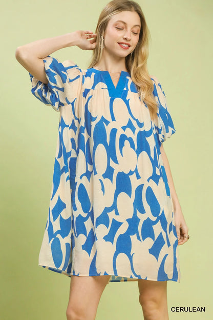 Umgee Abstract Print Puff Sleeve Shift Dress-0