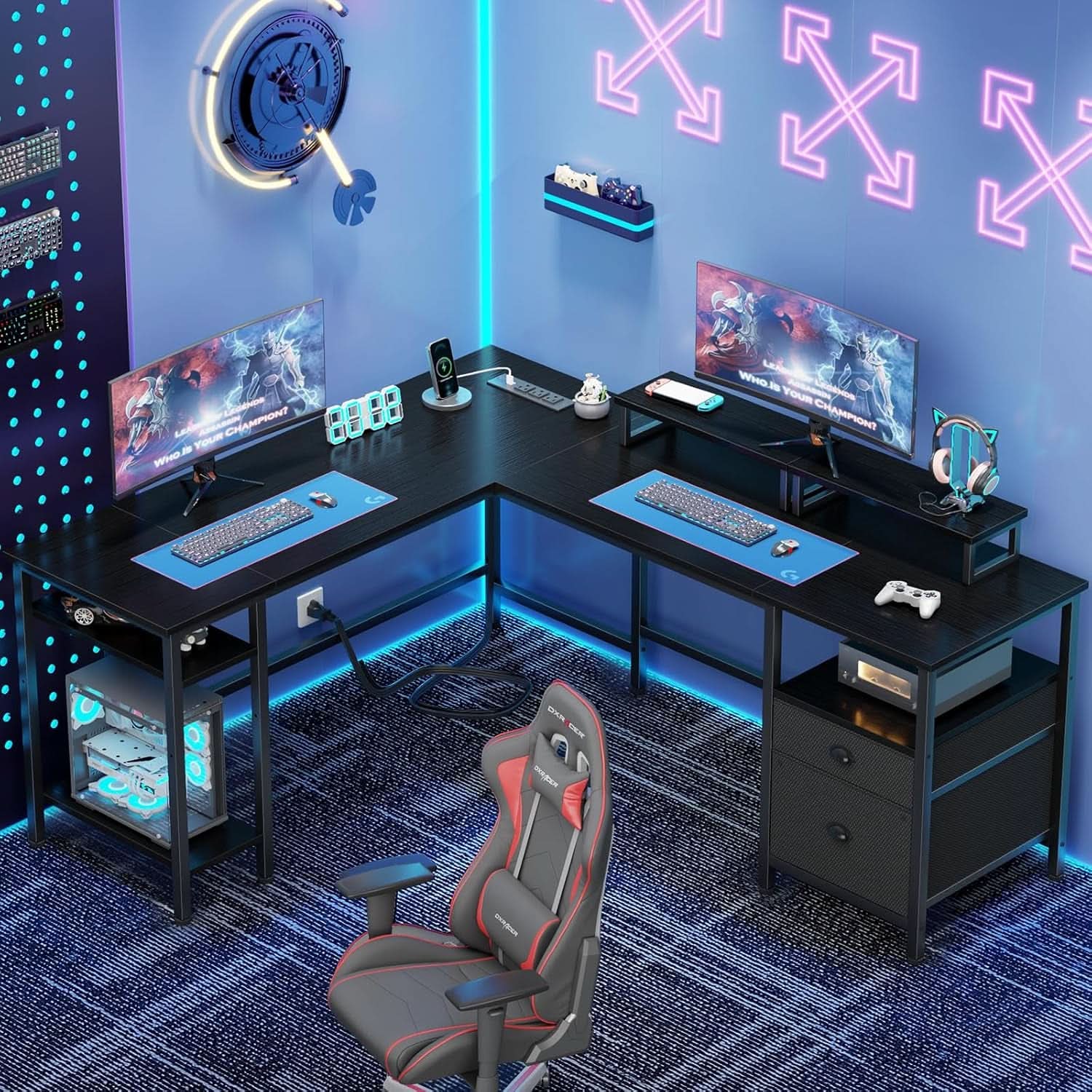 Fifty Nine Inch L Shaped Desk With Black Storage Drawers Unit-1