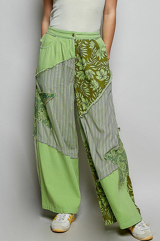 POL Striped Floral Patchwork Wide leg Pants with Side Big Star Patch-0