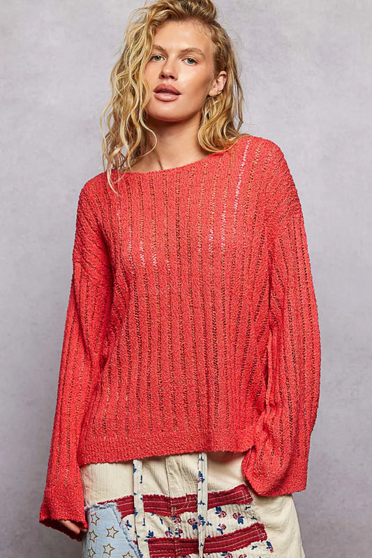 POL Round Neck Long Sleeve Open Weave Sweater-1