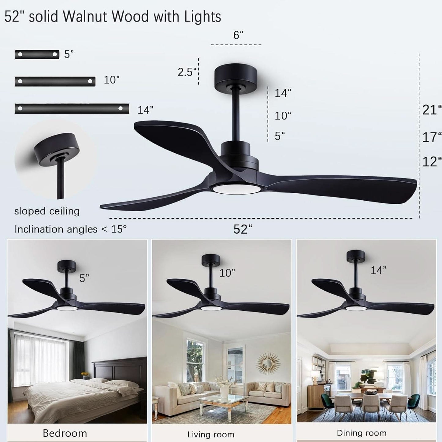 52 Inch Wood Ceiling Fan With Remote And Light Kit Black-1