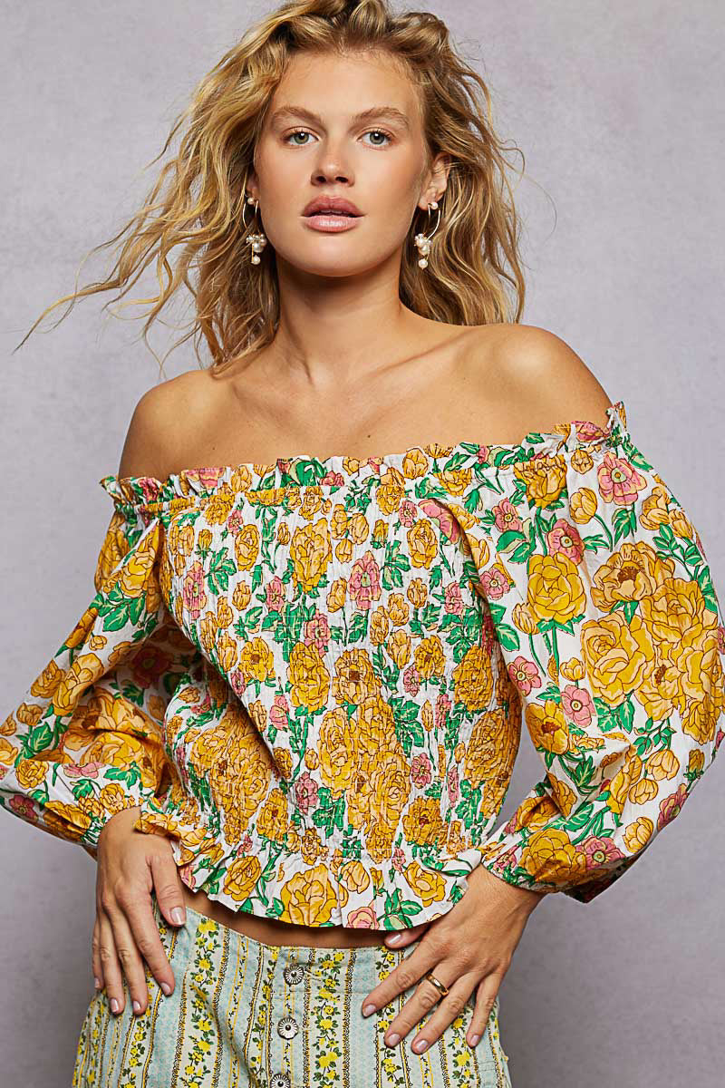 POL Floral Print Off-Shoulder Smocked Blouse-0