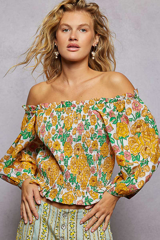 POL Floral Print Off-Shoulder Smocked Blouse-0