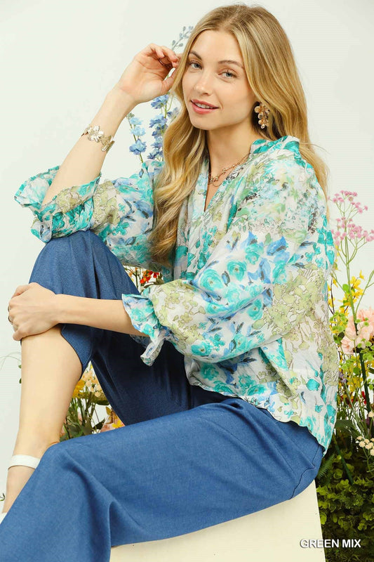 Umgee Watercolor Floral Blouse with Flounce Sleeve-1