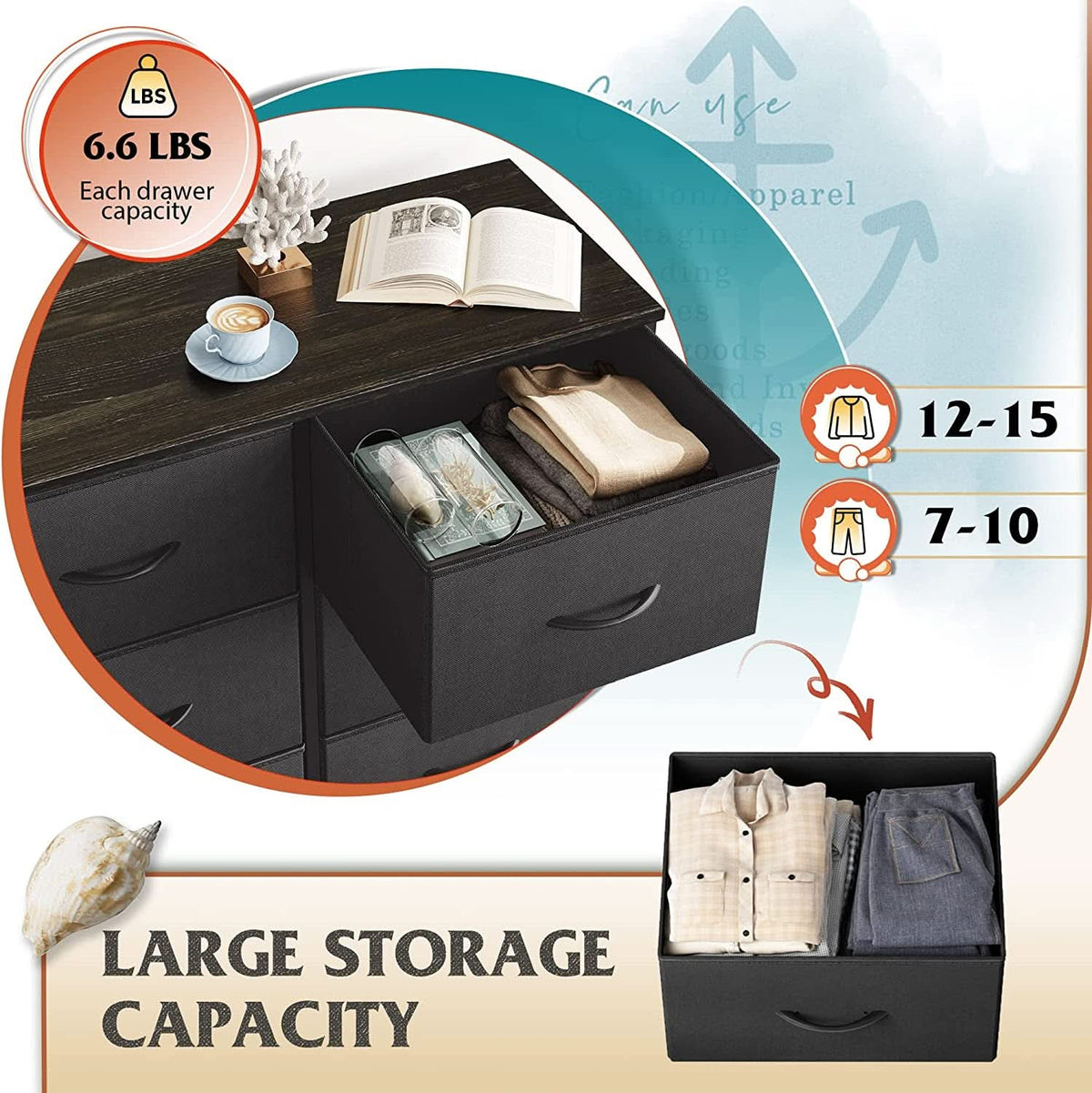 Charcoal fabric storage tower with eight drawers standing on adjustable feet.