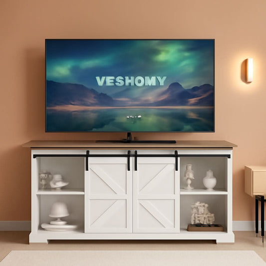 White farmhouse TV stand with sliding barn doors with both doors closed across the front.