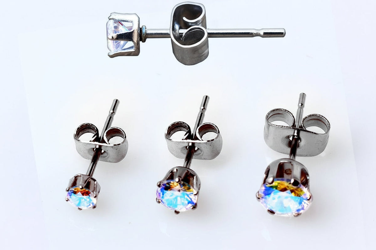 Aurora borealis studs in 3mm, 4mm and 5mm, with a side view of the post and clutch above