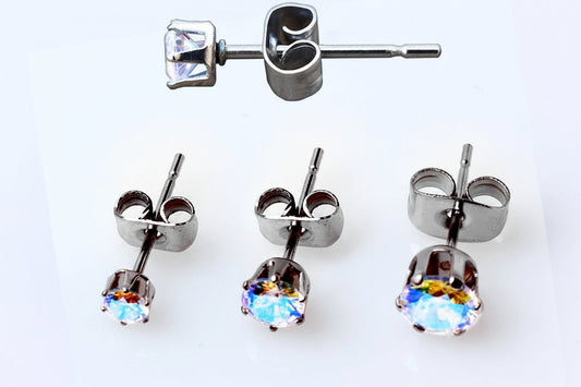 Aurora borealis studs in 3mm, 4mm and 5mm, with a side view of the post and clutch above