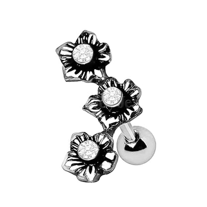 Triple flower earring on its steel post with a polished ball back, shown from the front