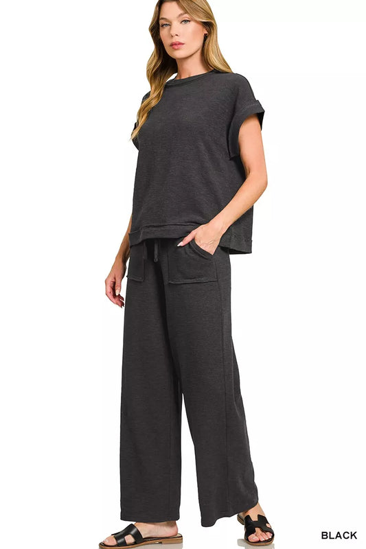 Zenana Cotton Slub Short Sleeve Tee and Pants Set-0