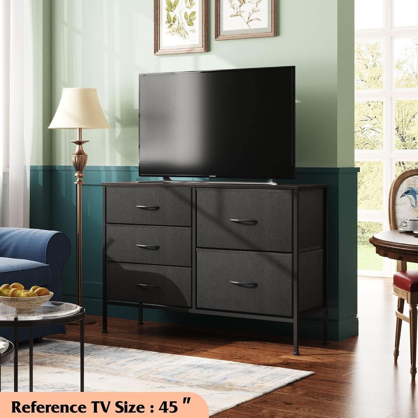 Charcoal Black Fabric Dresser With 5 Drawers For Bedroom Storage-1