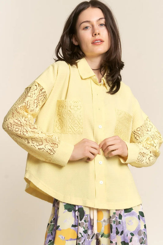 J.NNA Button Down Lace Long Sleeve Waffle Shirt-0