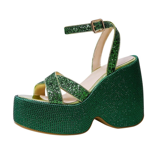 Festive Green Rhinestone Open Toe Wedge Sandals-1