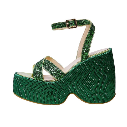 Festive Green Rhinestone Open Toe Wedge Sandals-0