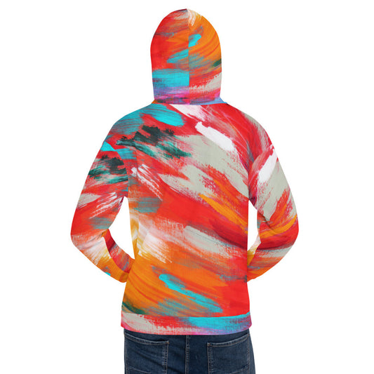 Unisex fleece hoodie by Aysire with vibrant graphic print, showing a colorful, bold design on soft, cozy fabric.