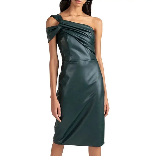 Women's Forest Green Leather Cocktail Dress-0