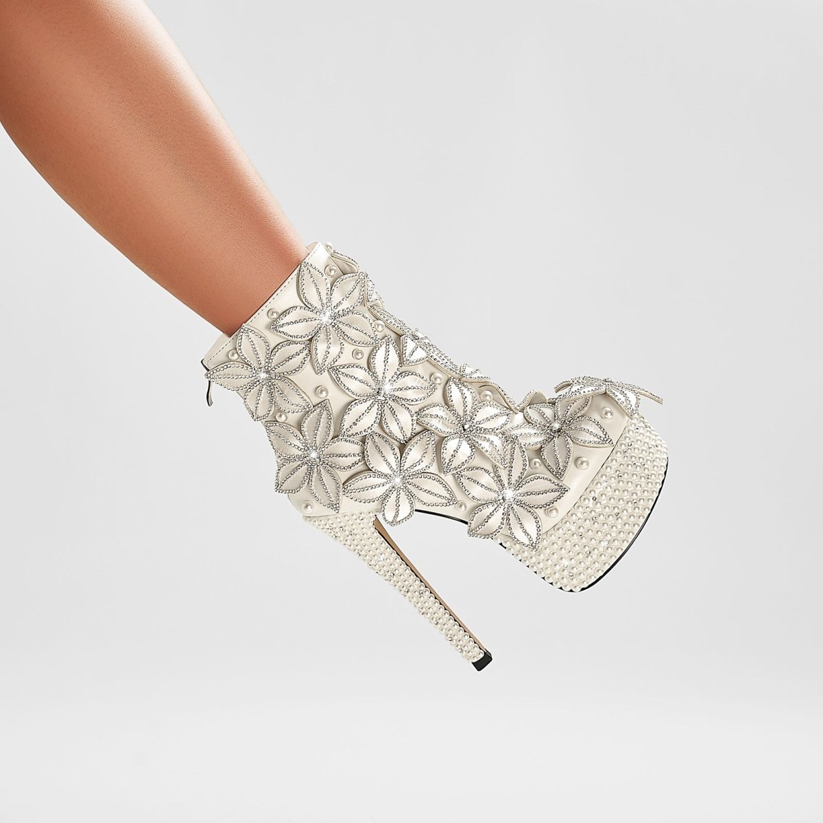 Full Floral Bloom Embellished White Ankle Boots-1