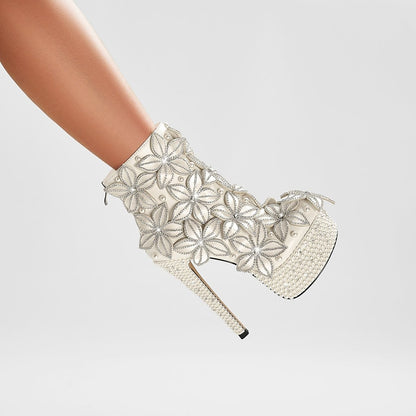 Full Floral Bloom Embellished White Ankle Boots-1