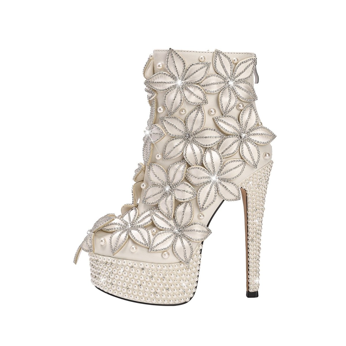 Full Floral Bloom Embellished White Ankle Boots-0