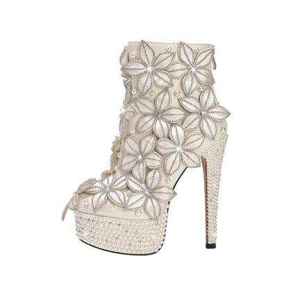 Full Floral Bloom Embellished White Ankle Boots-0