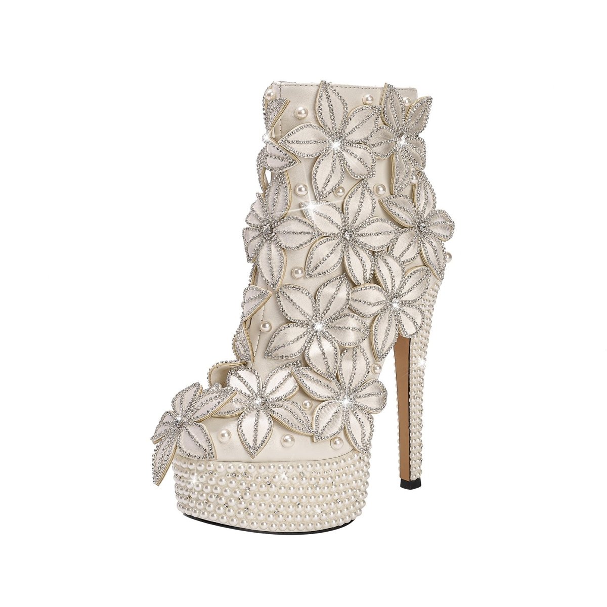 Full Floral Bloom Embellished White Ankle Boots-4