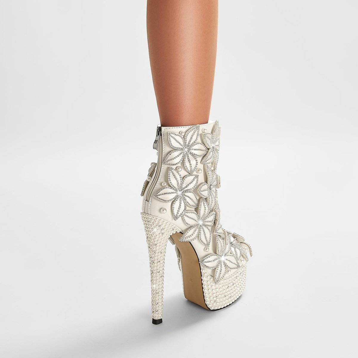 Full Floral Bloom Embellished White Ankle Boots-3