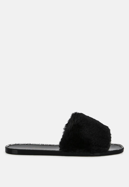 Geese Faux Fur Diamante Detail Jelly Flats-0