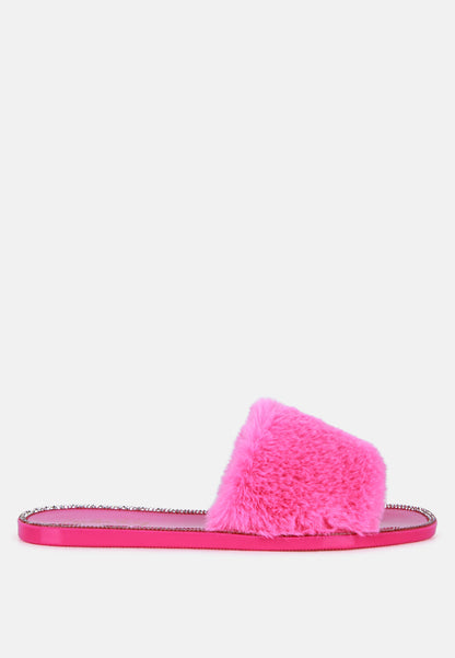 Geese Faux Fur Diamante Detail Jelly Flats-2