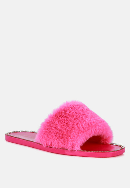 Geese Faux Fur Diamante Detail Jelly Flats-3