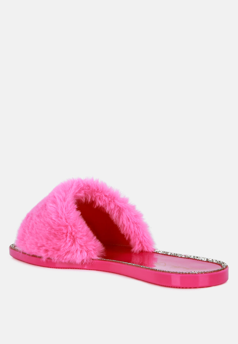 Geese Faux Fur Diamante Detail Jelly Flats-4