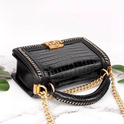 Genuine Crocodile Leather Top Handle Cross Body Flap Chain Bag-4