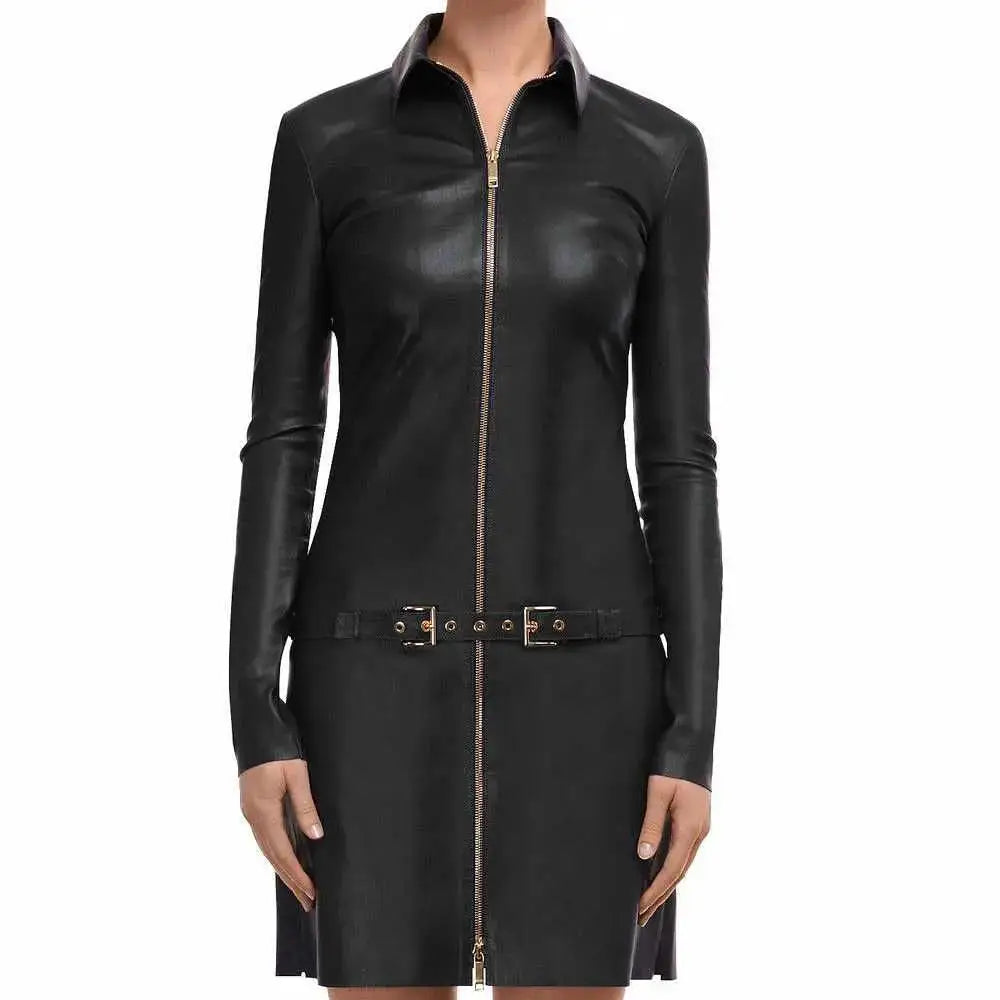 Women’s Genuine Leather Elegant Mini Party Dress-2