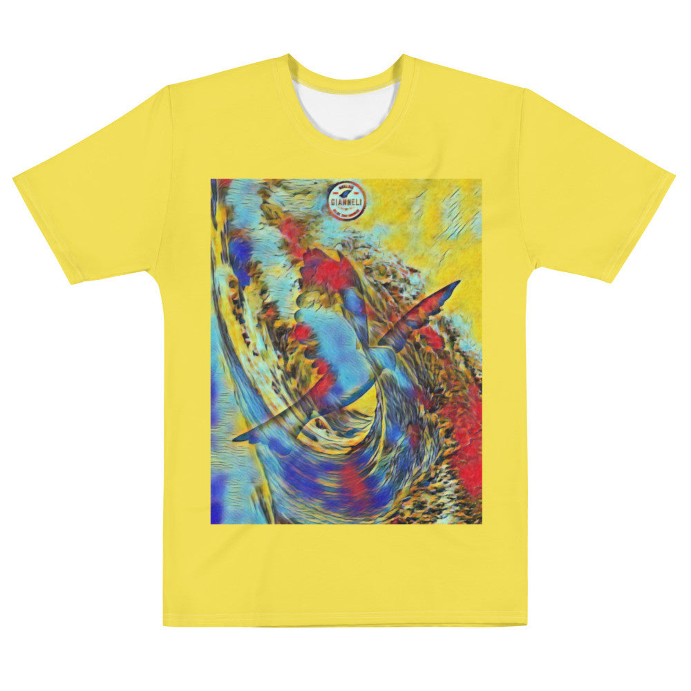 Aegean Waves men's jersey tee, yellow ground with a framed blue and white painting on the chest.