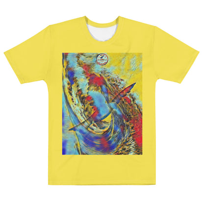 Aegean Waves men's jersey tee, yellow ground with a framed blue and white painting on the chest.