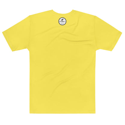 Aegean Waves men's jersey tee, yellow ground with a framed blue and white painting on the chest.