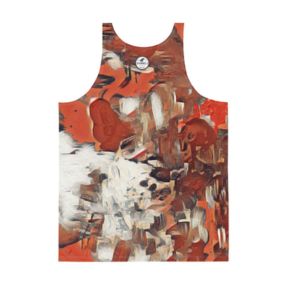 Anadysis unisex tank top in a rust and white feathered print, cut close to the body.