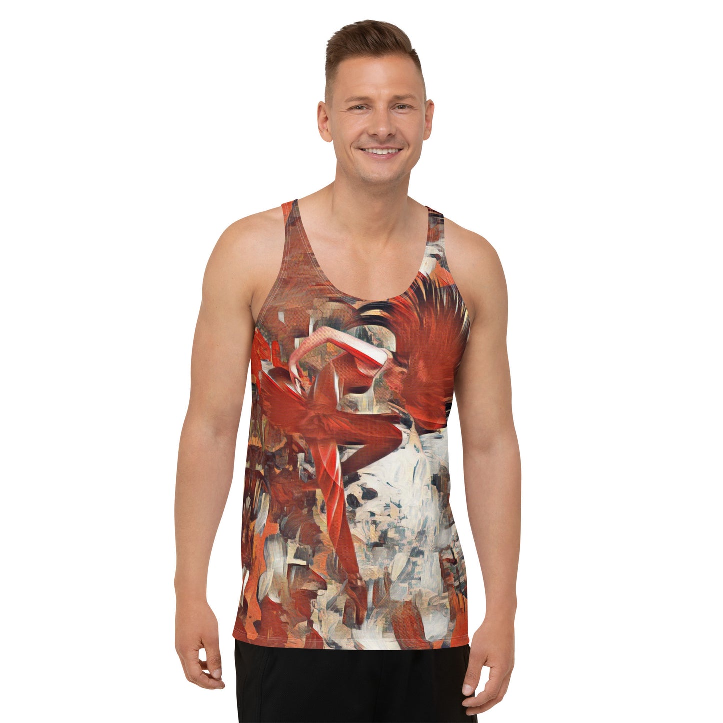 Anadysis unisex tank top in a rust and white feathered print, cut close to the body.