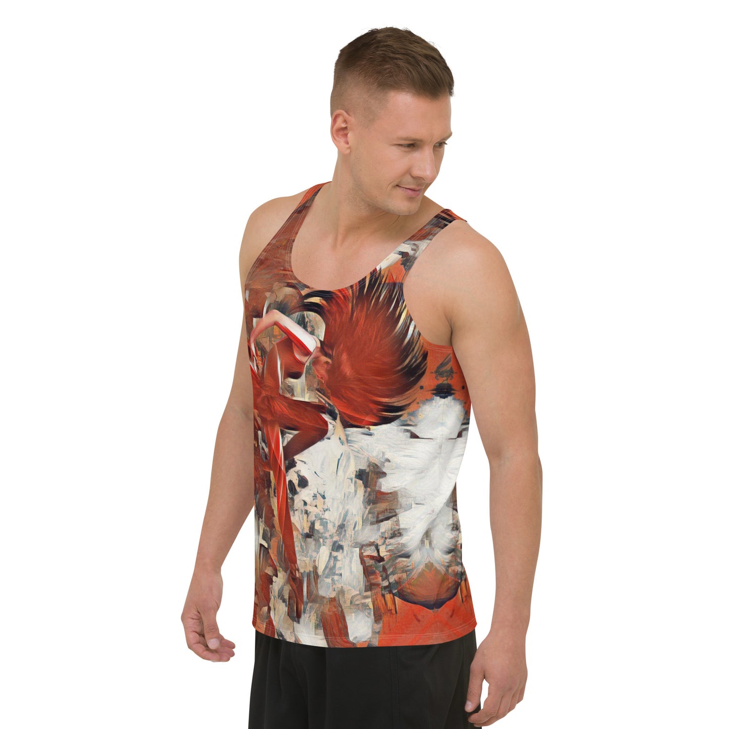Anadysis unisex tank top in a rust and white feathered print, cut close to the body.