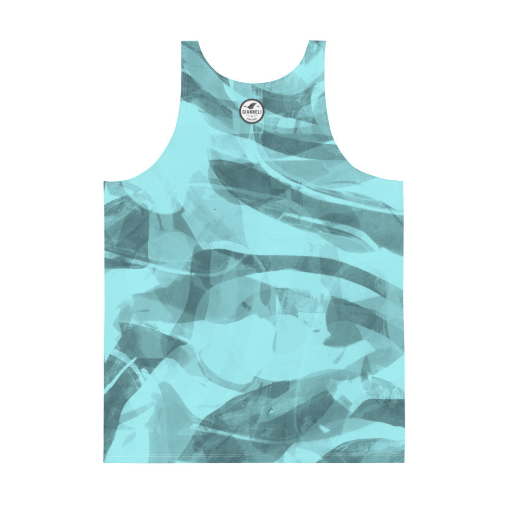 Astypalaia unisex tank top in a pale aqua wash, printed across the front and the back.