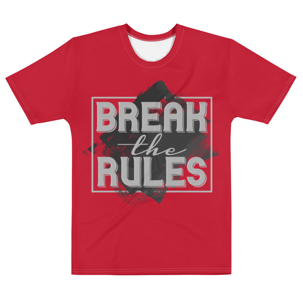 Break The Rules men's tee in red, with the wording set large inside a bordered panel.