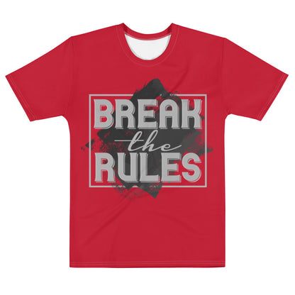 Break The Rules men's tee in red, with the wording set large inside a bordered panel.